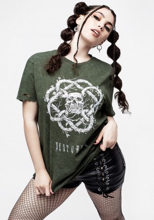 Disturbia Calavera Green Acid Wash Unisex Distressed T-shirt | VY5714890