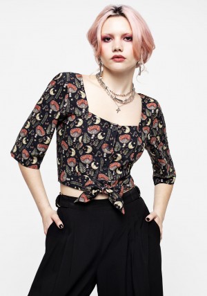 Disturbia Dreamfast Mushroom Moon Print Button Up Tie Crop Top | WC0298713