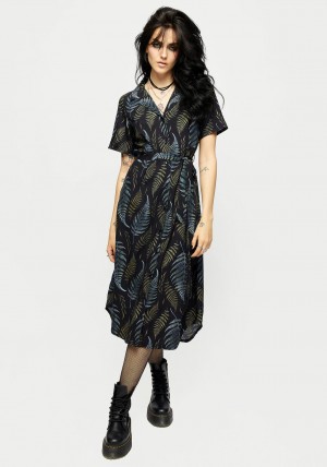 Disturbia Frond Print Button Up Midi Shirt Šaty | RB3280654