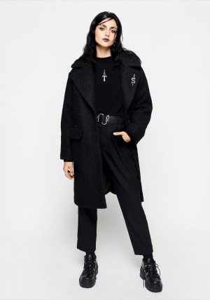 Disturbia Gorgon Bouclé Oversized Coat with Snake Brooch - Black | CV7936024