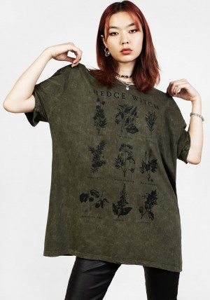 Disturbia Hedgewitch Green Acid Wash Oversized Tee | YH7852930