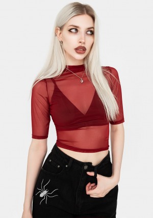 Disturbia Jinx Mesh Krátké Sleeve Top - Red | OE6204597