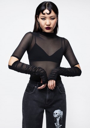 Disturbia Jupiter Mesh Gathered Long Sleeve Crop Top | OP2740195