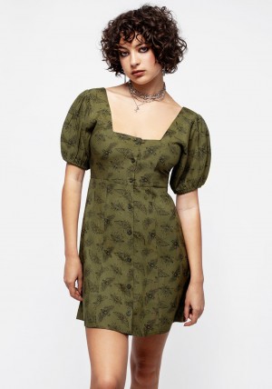 Disturbia Mortmoth Print Puff Sleeve Mini Šaty - Green | OJ5102946