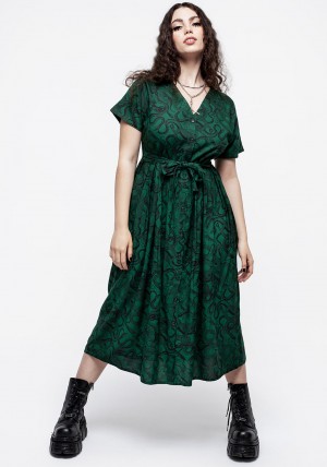 Disturbia Ophidia Snake Print Button Up Midi Šaty - Green | SL1842309