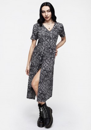 Disturbia Ophidia Snakes Print Button Down Midi Šaty - Grey | PI1902673