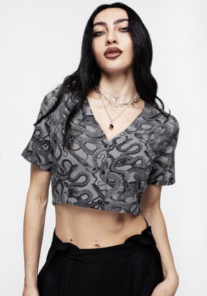 Disturbia Ophidia Snakes Print Button Down Crop Top - Grey | XD0921743