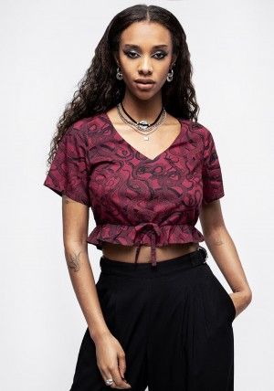 Disturbia Ophidia Snakes Print Tie Detail Crop Top - Red | PE3869072