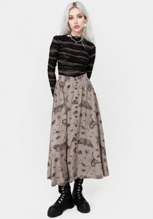 Disturbia Parasite Bugs Print Button Down Midi Skirt - Taupe | IP0698321