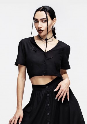 Disturbia Realm Button Down Crop Top - Midnight Black | BP8576013