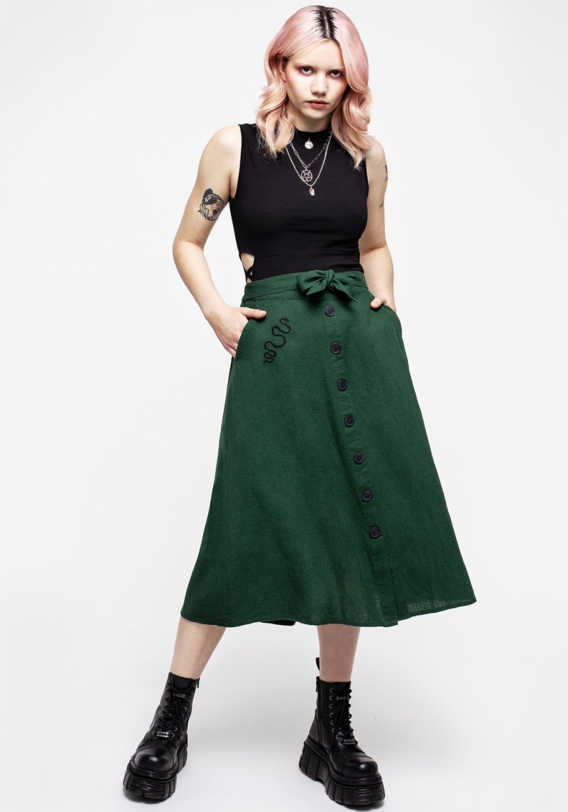 Disturbia Basilisk Green Linen Blend Button Up Midi Skirt | ZX0829345