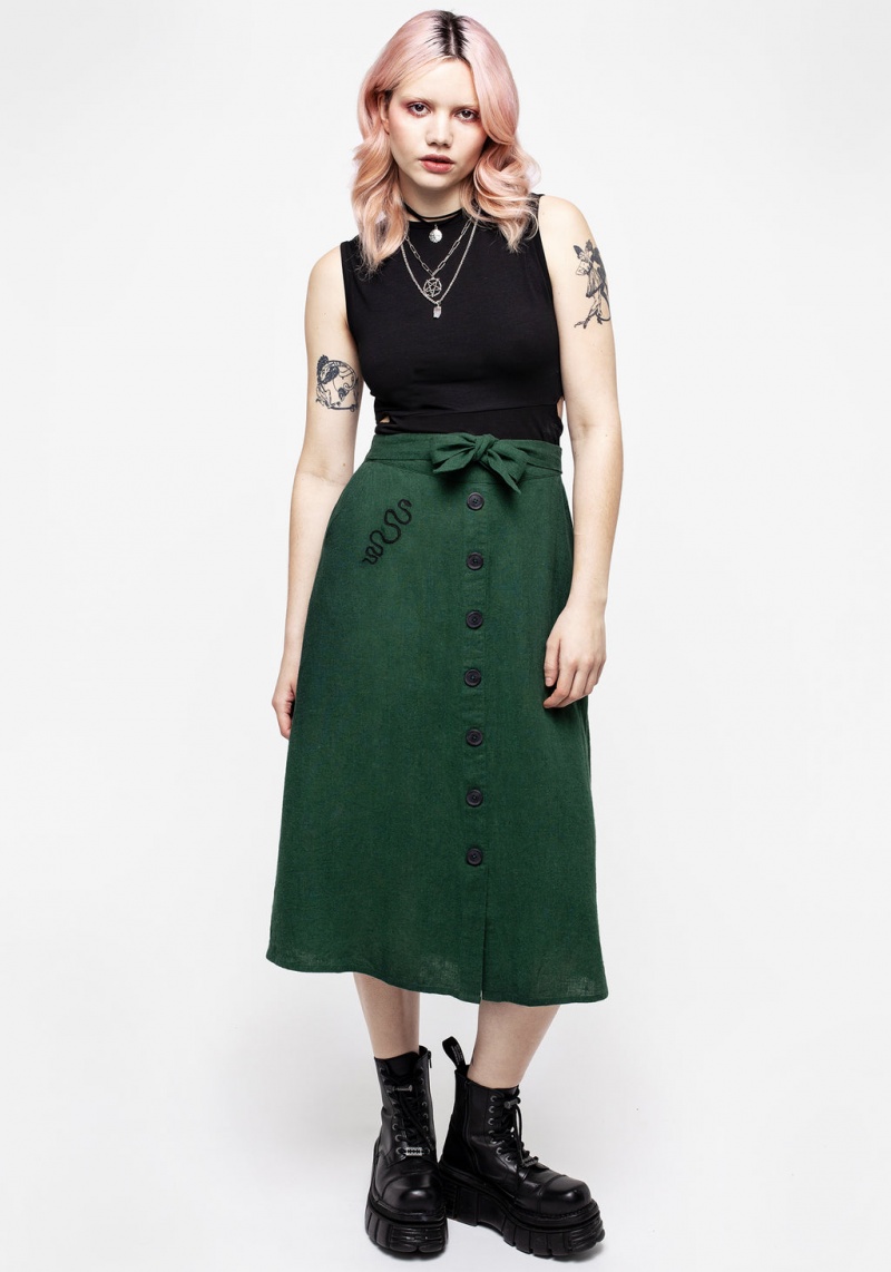 Disturbia Basilisk Green Linen Blend Button Up Midi Skirt | ZX0829345