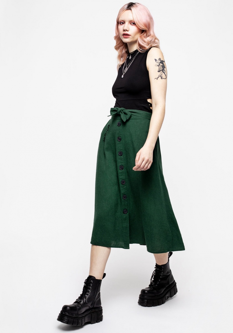 Disturbia Basilisk Green Linen Blend Button Up Midi Skirt | ZX0829345