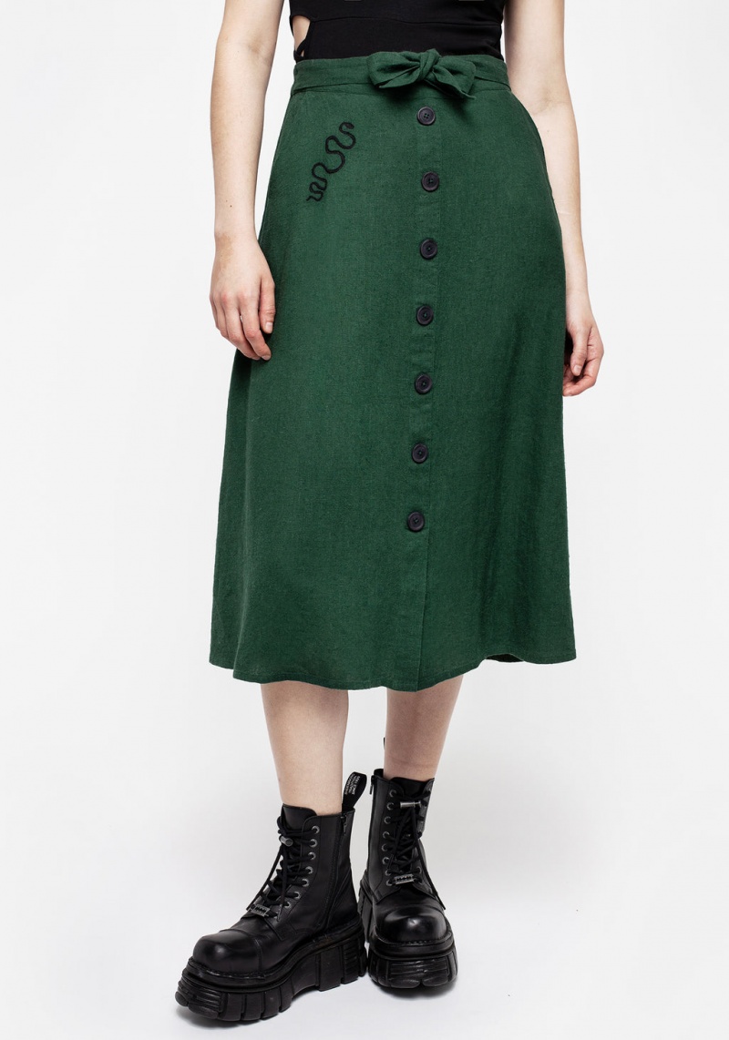 Disturbia Basilisk Green Linen Blend Button Up Midi Skirt | ZX0829345