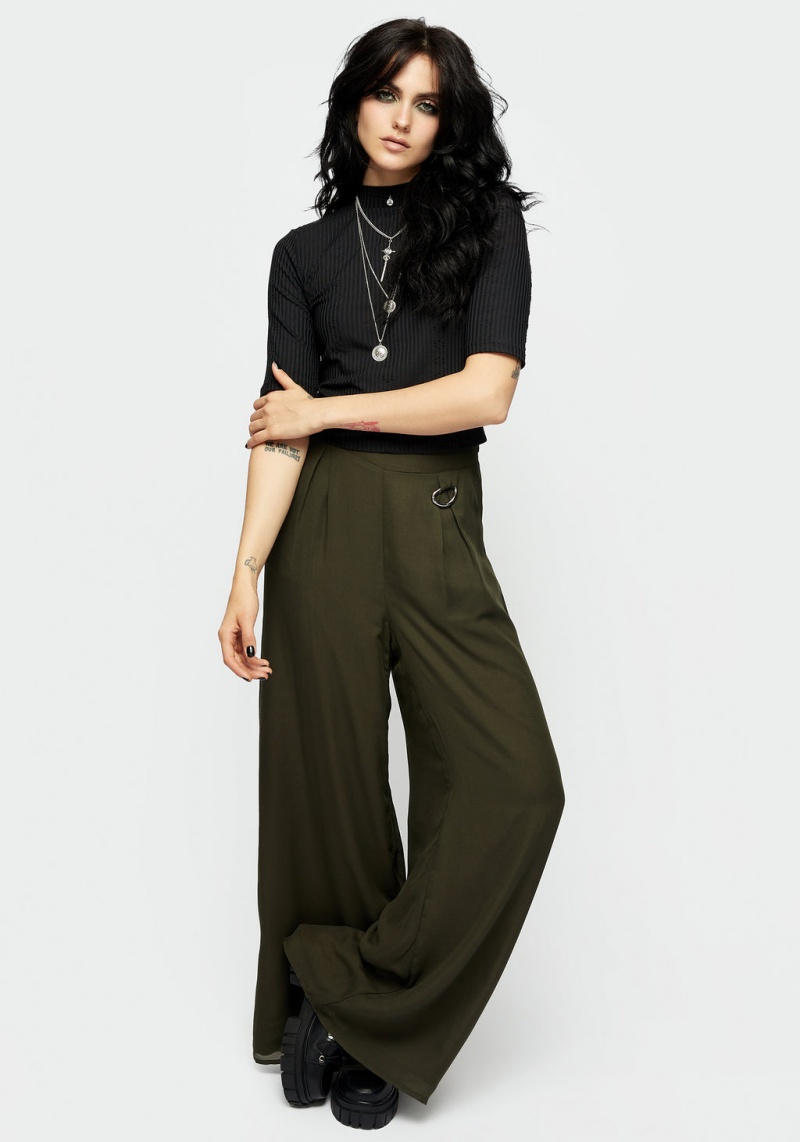 Disturbia Descensum Široké Leg Green Trousers | WR4315807