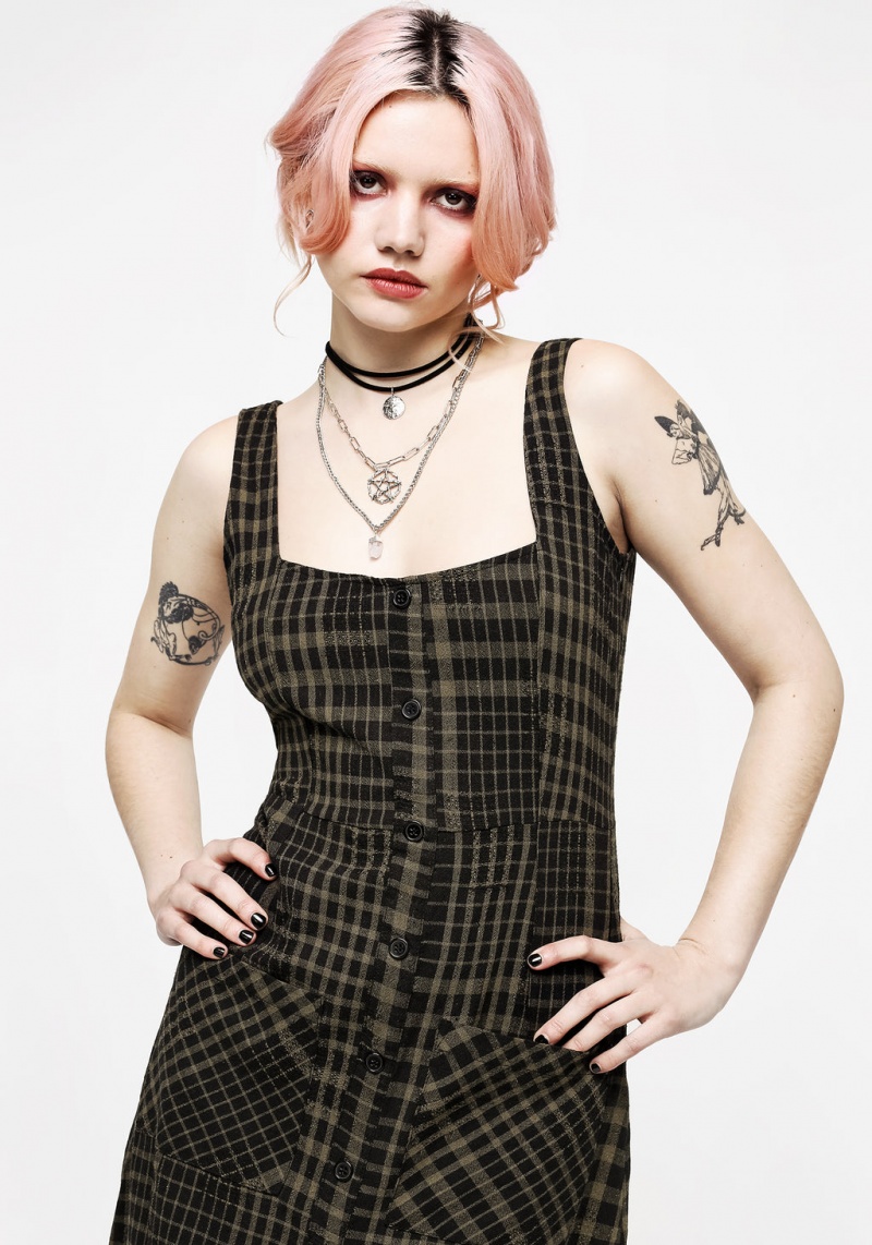 Disturbia Dropout Check Bez Rukávů Button Down Midaxi Šaty | SD8406937