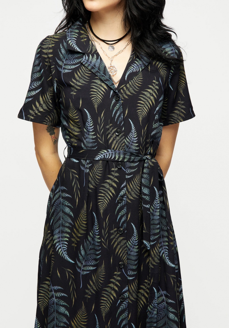 Disturbia Frond Print Button Up Midi Shirt Šaty | RB3280654