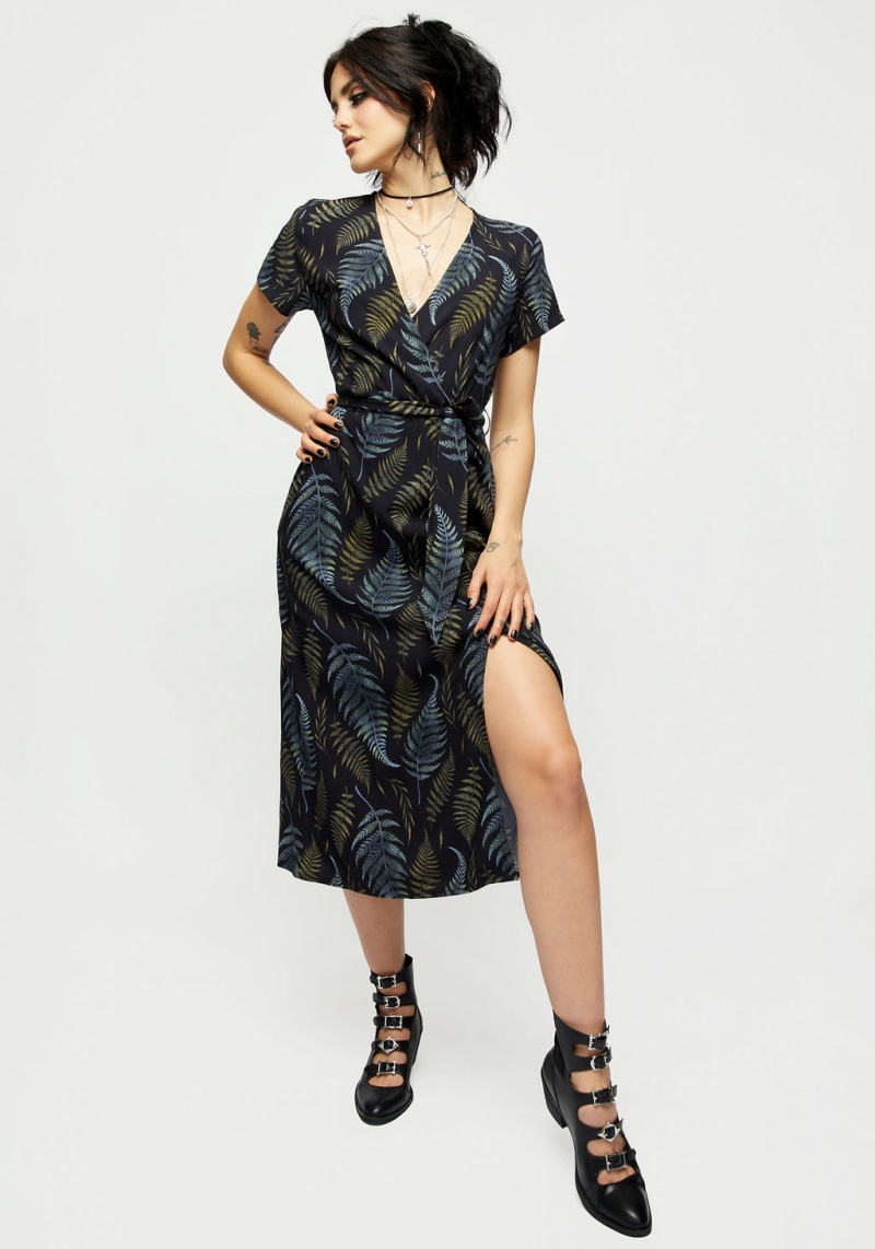 Disturbia Frond Print Faux Wrap Midi Šaty | YB8043519