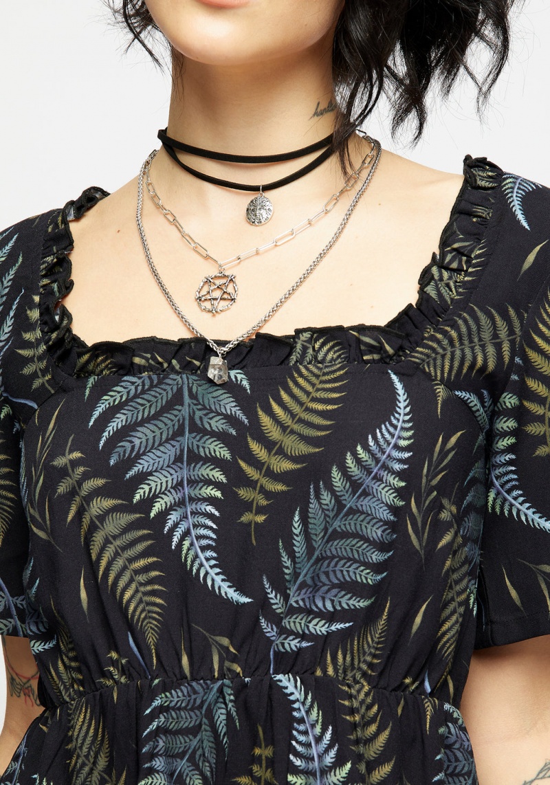 Disturbia Frond Print Ruffle Shirred Mini Šaty | MQ7962850