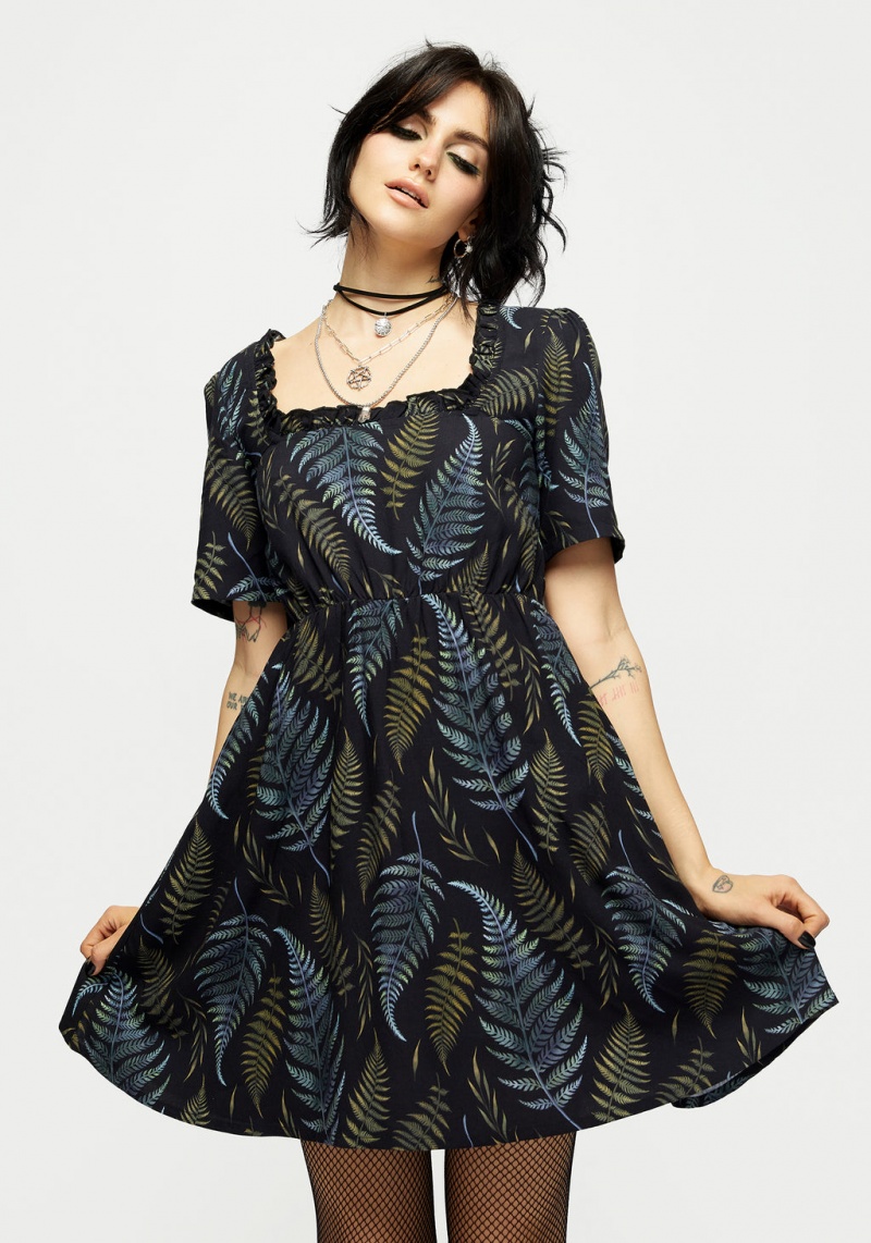 Disturbia Frond Print Ruffle Shirred Mini Šaty | MQ7962850