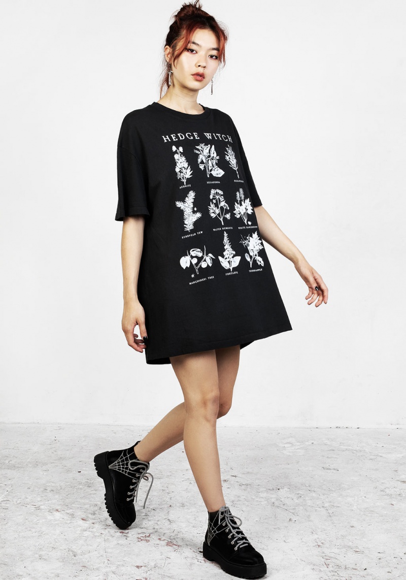 Disturbia Hedgewitch Black Garment Washed Oversized Tee Šaty | TX2073514