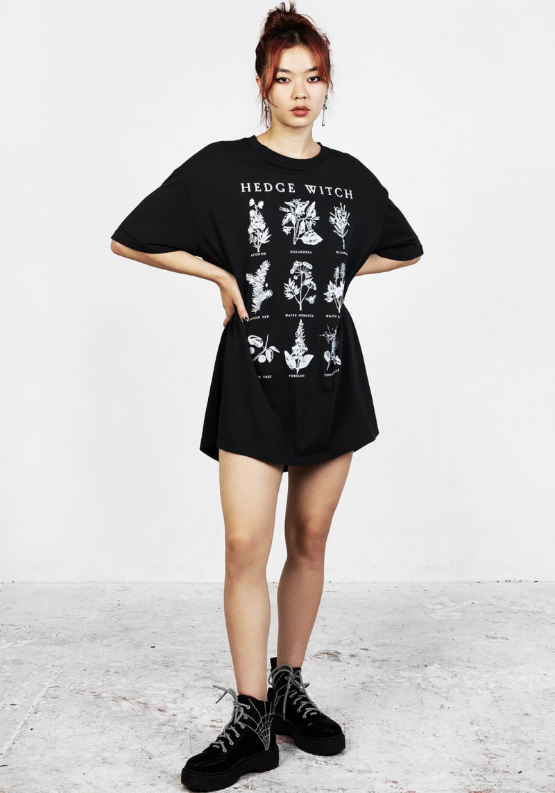 Disturbia Hedgewitch Black Garment Washed Oversized Tee Šaty | TX2073514