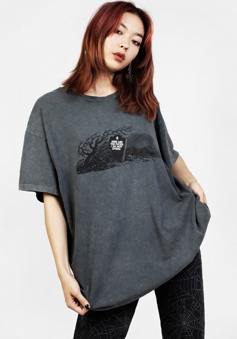 Disturbia Here Lies Grey Acid Wash Oversized Tee | JQ2746985