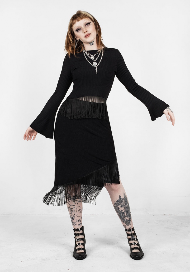 Disturbia Littlelies Midi Fringed Jersey Skirt | AU0467321