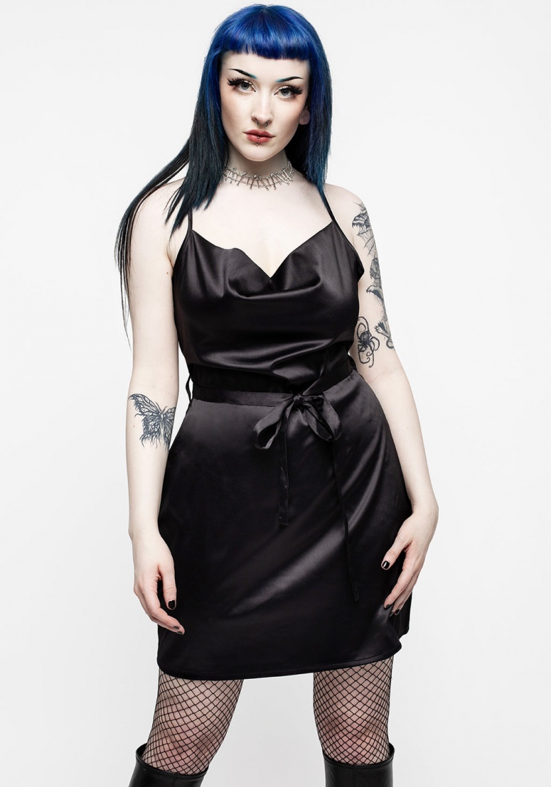 Disturbia Medeina Cowl Neck Belted Satin Mini Šaty - Midnight Black | TA1260579