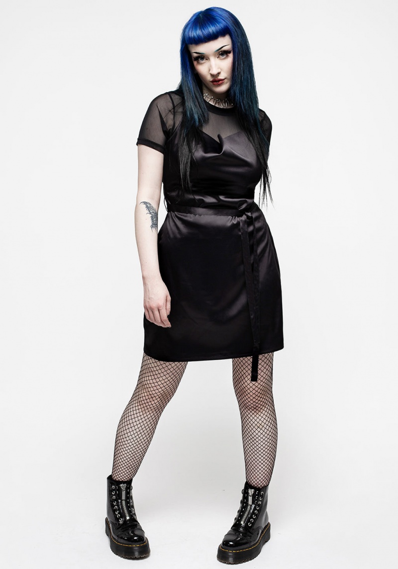 Disturbia Medeina Cowl Neck Belted Satin Mini Šaty - Midnight Black | TA1260579