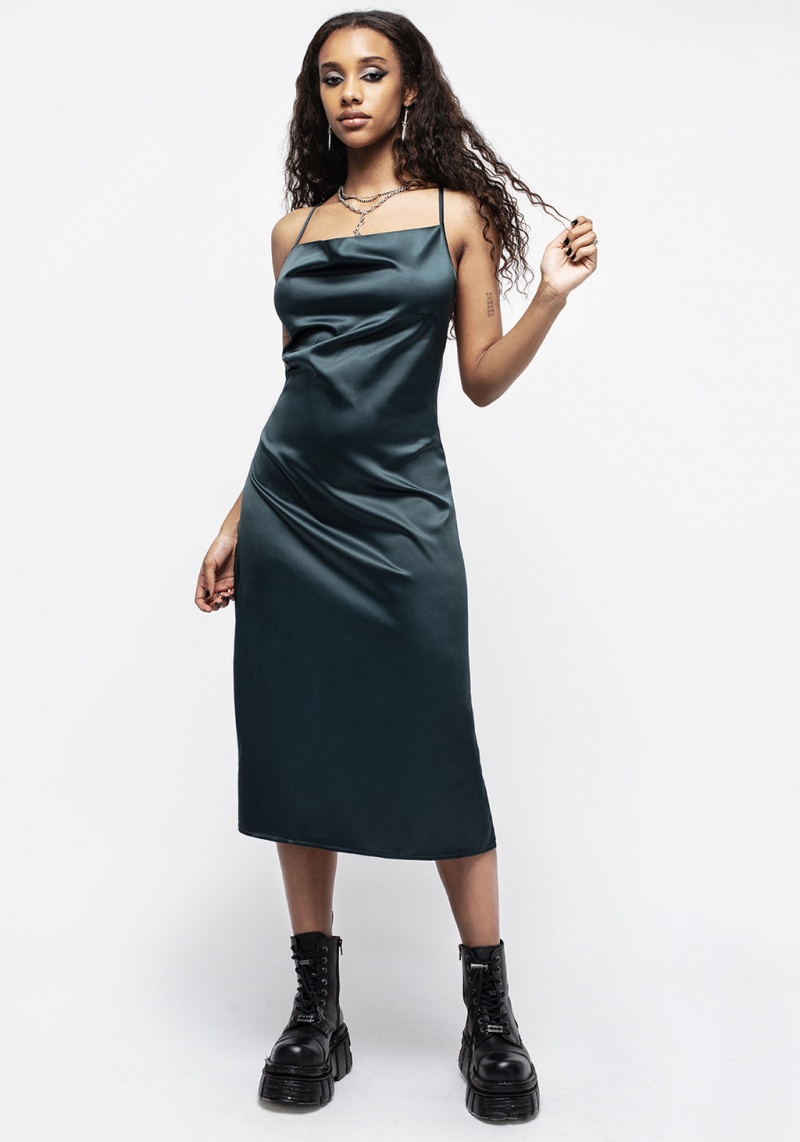 Disturbia Medeina Cowl Neck Satin Midi Slip Šaty - Green | XI4921067