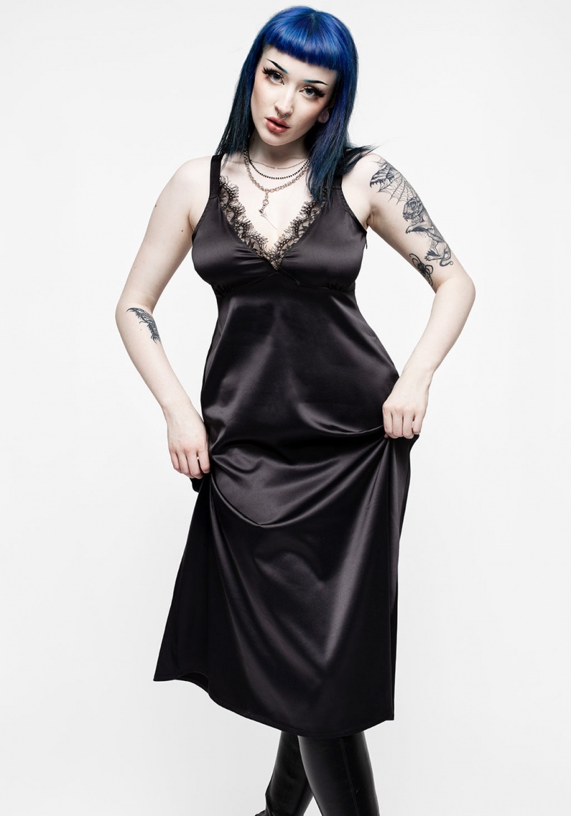 Disturbia Medeina Krajkové Trim Satin Midi Slip Šaty - Midnight Black | TO3568029