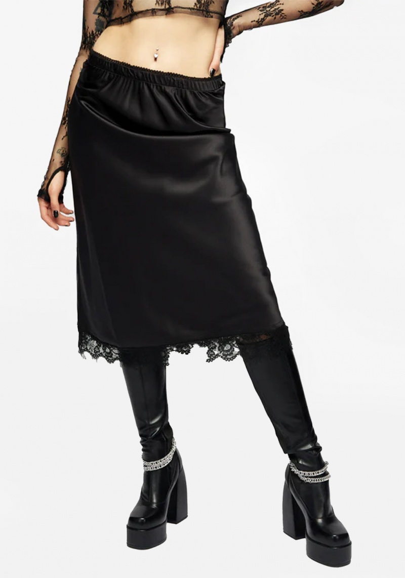 Disturbia Medeina Krajkové Trim Satin Midi Skirt - Midnight Black | AJ3107629