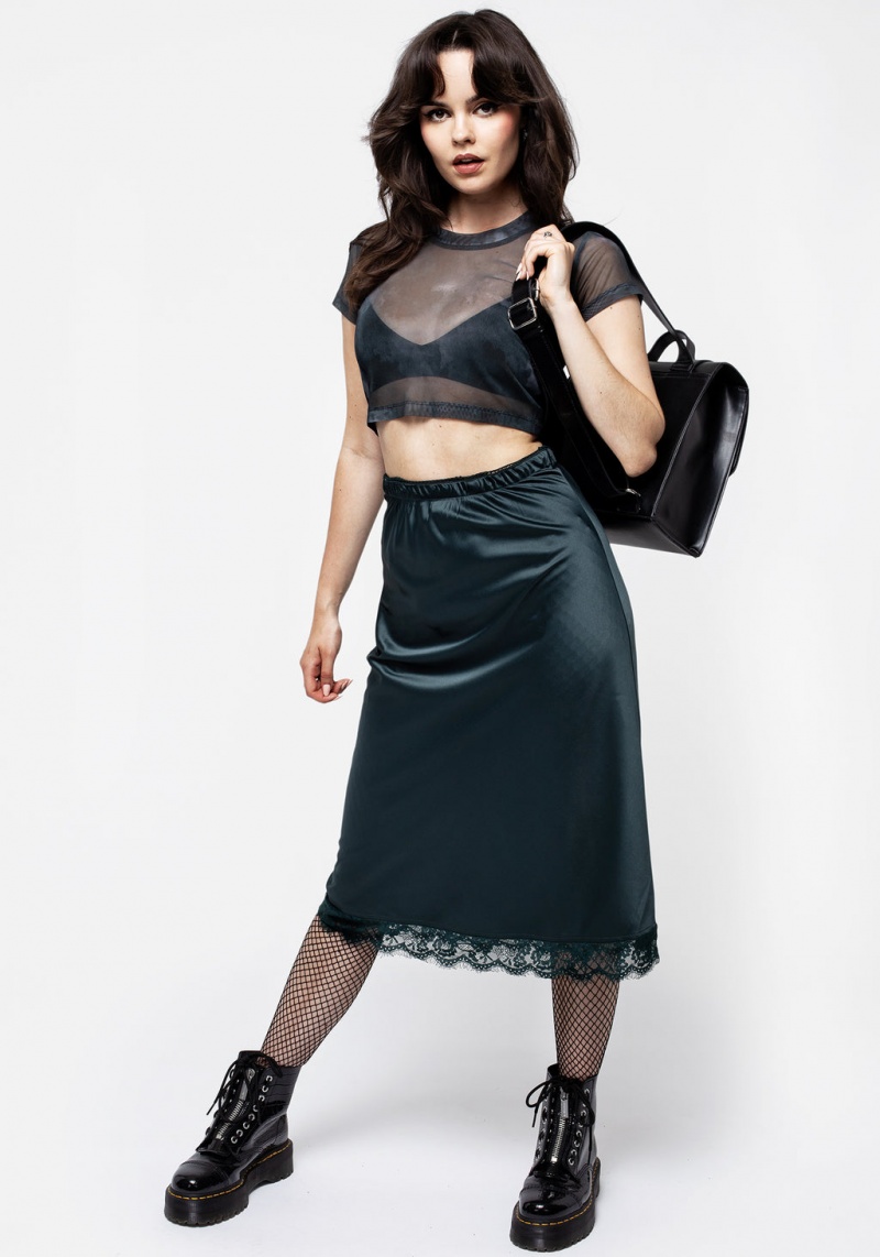 Disturbia Medeina Krajkové Trim Satin Midi Skirt - Green | JT5074986