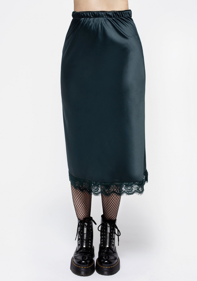 Disturbia Medeina Krajkové Trim Satin Midi Skirt - Green | JT5074986