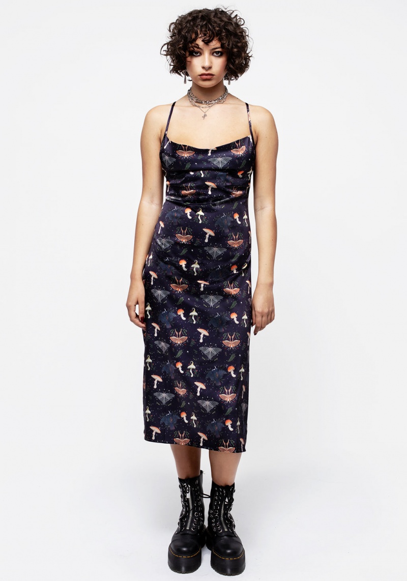 Disturbia Medeina Print Cowl Neck Satin Midi Slip Šaty | UE4905137