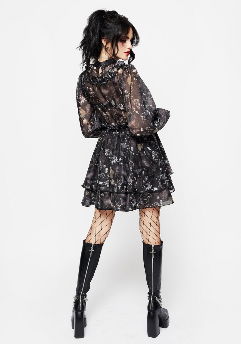 Disturbia Melancholia Frill Yoke Layered Organza Mini Šaty | NB9280547