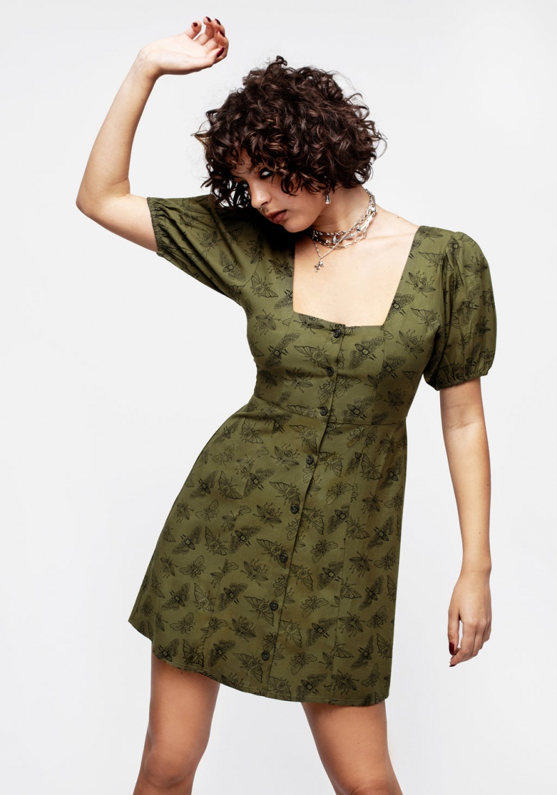 Disturbia Mortmoth Print Puff Sleeve Mini Šaty - Green | OJ5102946