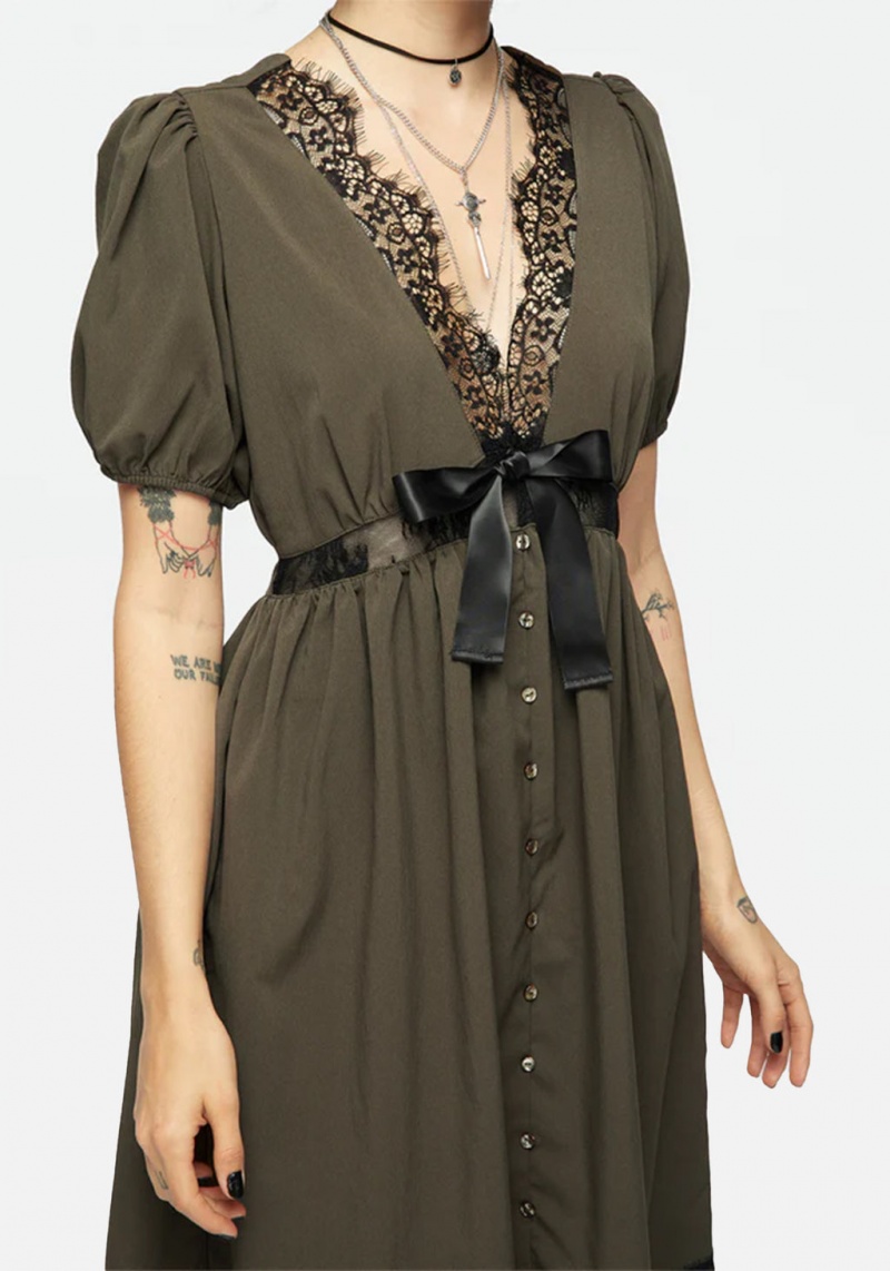 Disturbia Mortuary Krajkové Button Up Midi Šaty in Tea Leaf | XN9875136