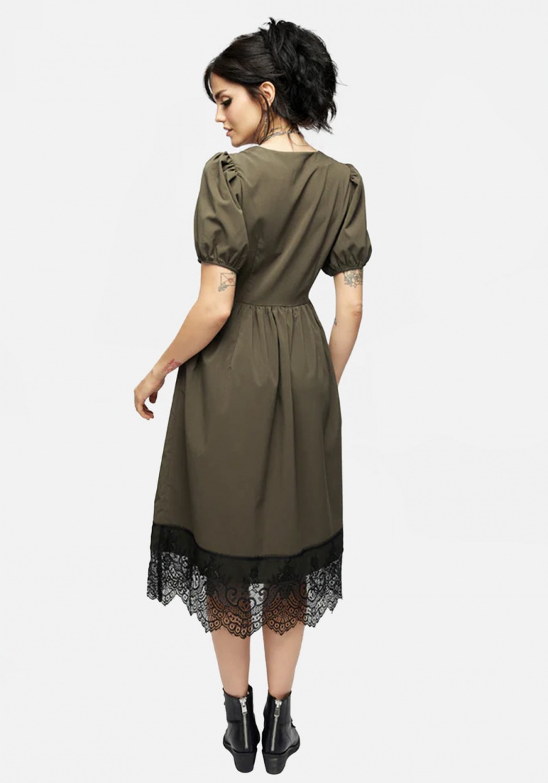 Disturbia Mortuary Krajkové Button Up Midi Šaty in Tea Leaf | XN9875136