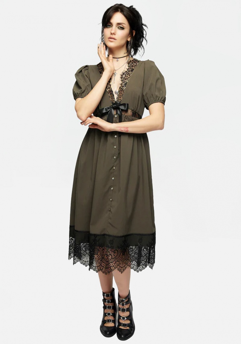 Disturbia Mortuary Krajkové Button Up Midi Šaty in Tea Leaf | XN9875136