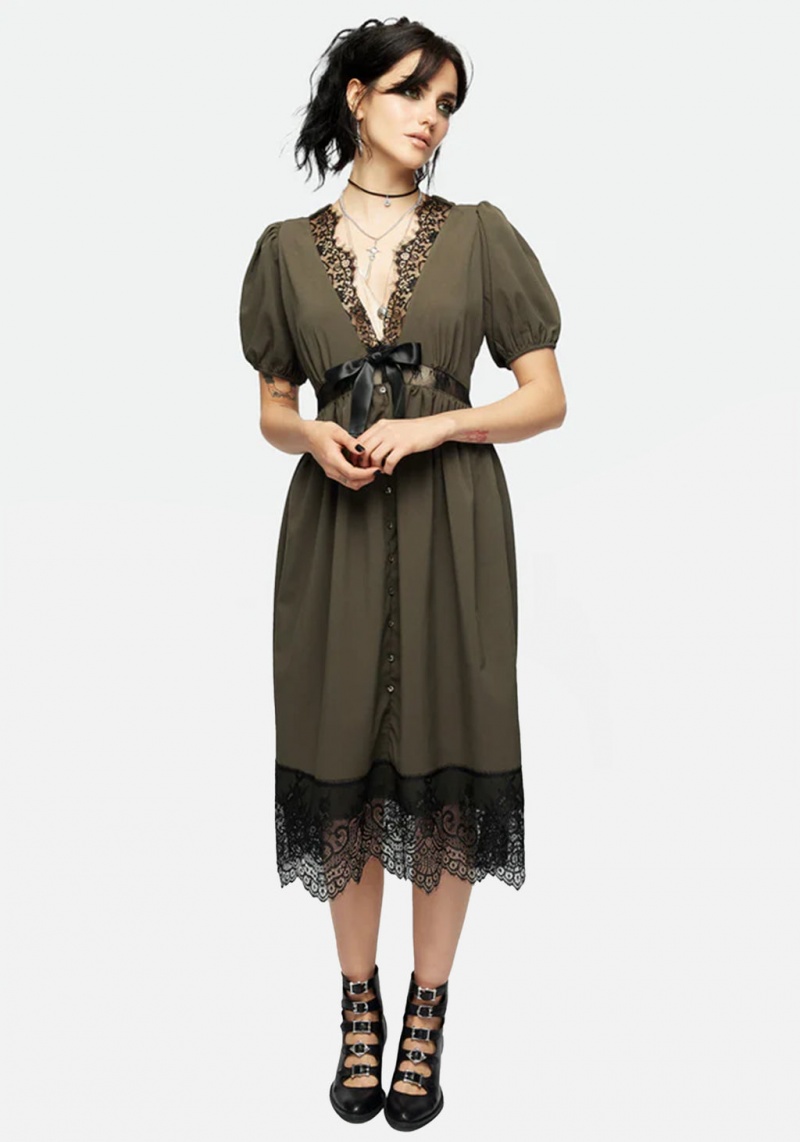 Disturbia Mortuary Krajkové Button Up Midi Šaty in Tea Leaf | XN9875136