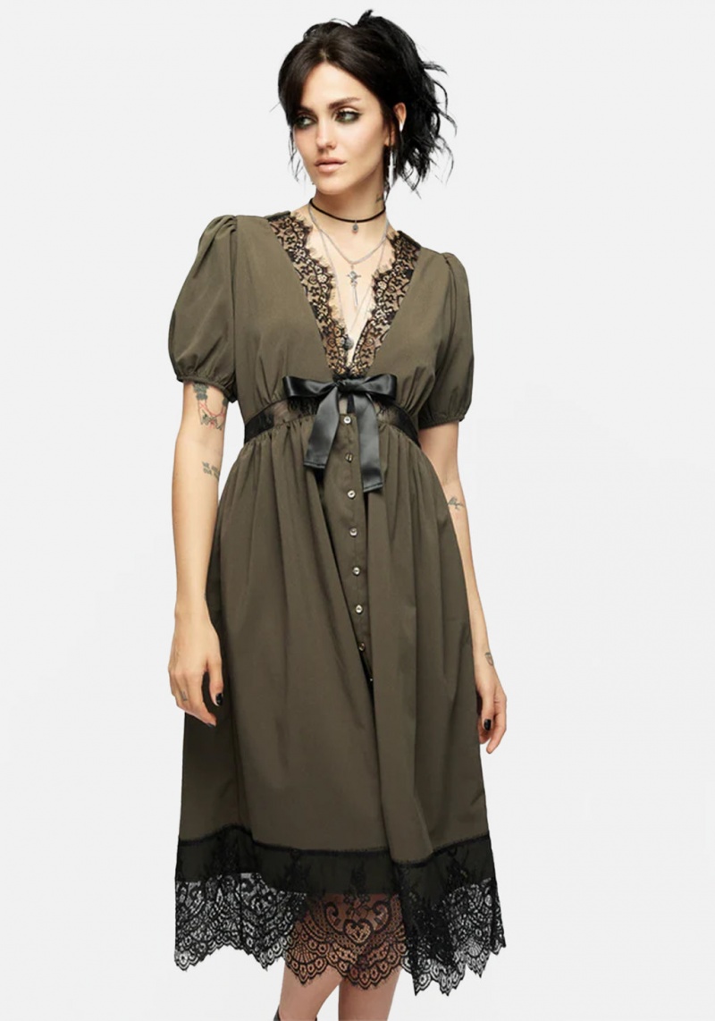 Disturbia Mortuary Krajkové Button Up Midi Šaty in Tea Leaf | XN9875136