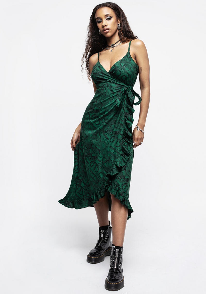 Disturbia Ophidia Snake Print Cami Midaxi Wrap Šaty - Green | KQ5834129