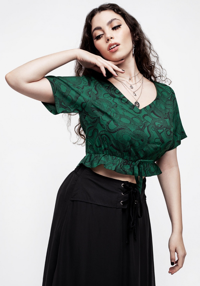 Disturbia Ophidia Snake Print Tie Detail Crop Top - Green | GW9085732