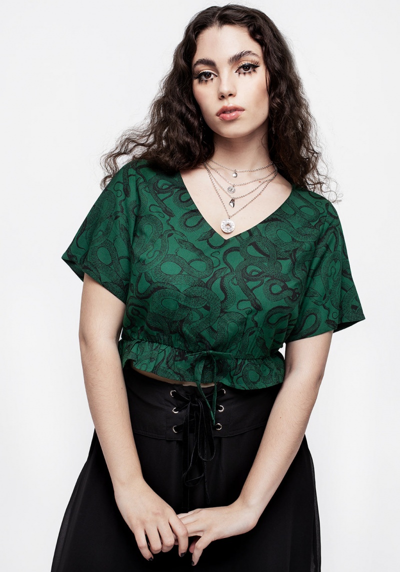 Disturbia Ophidia Snake Print Tie Detail Crop Top - Green | GW9085732