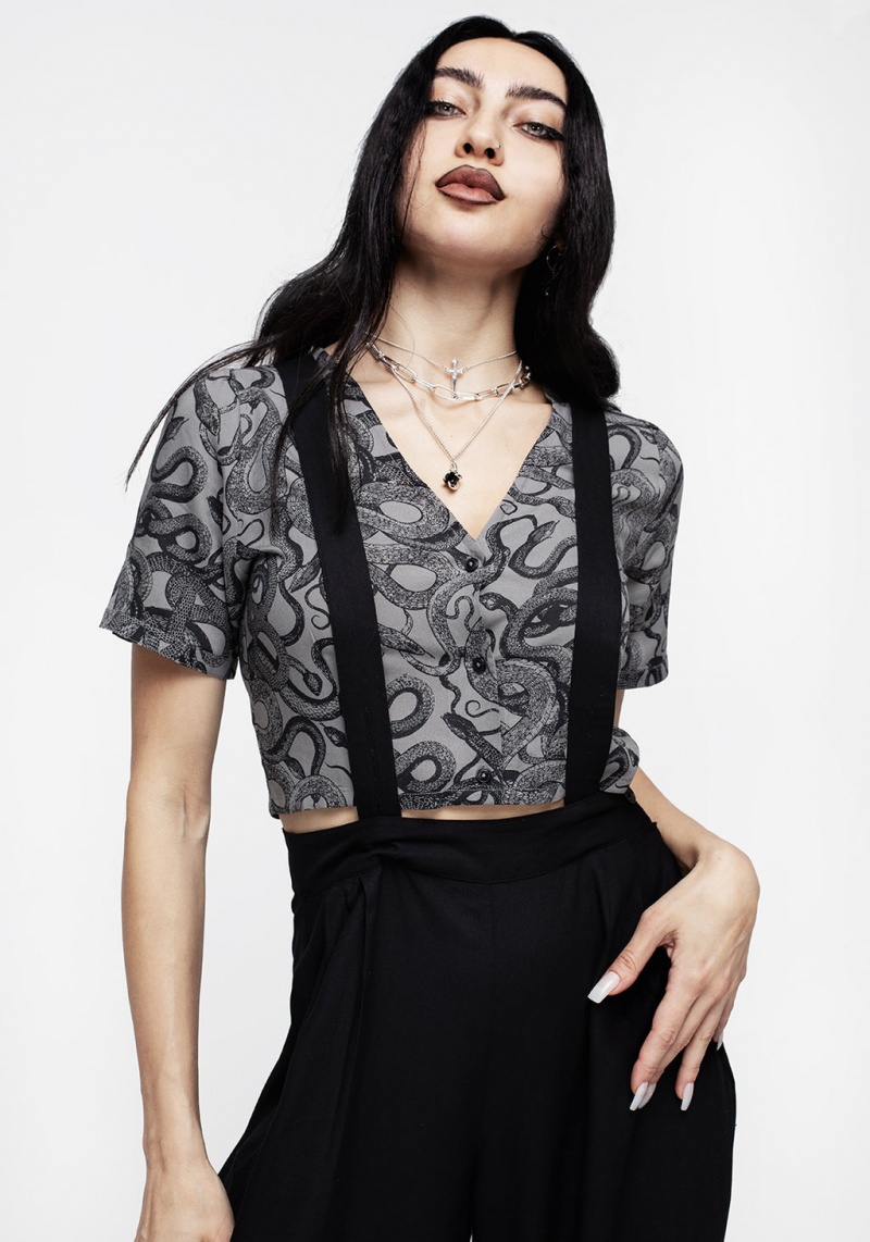 Disturbia Ophidia Snakes Print Button Down Crop Top - Grey | XD0921743