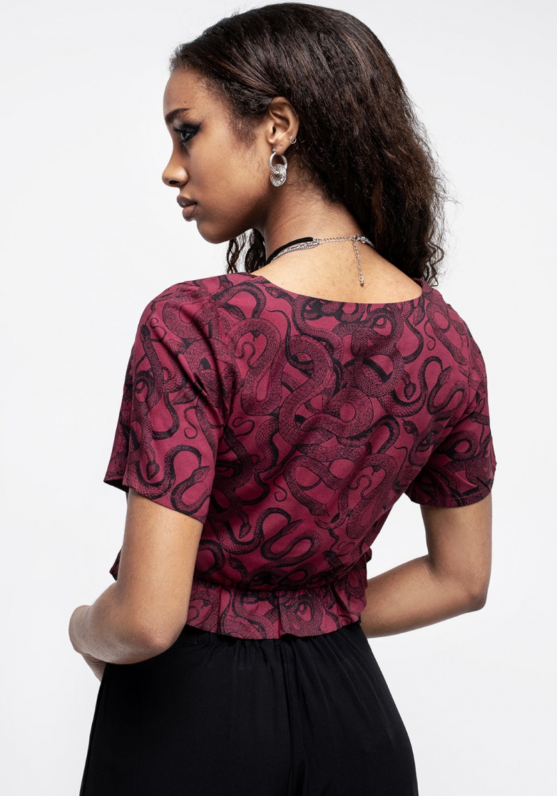 Disturbia Ophidia Snakes Print Tie Detail Crop Top - Red | PE3869072