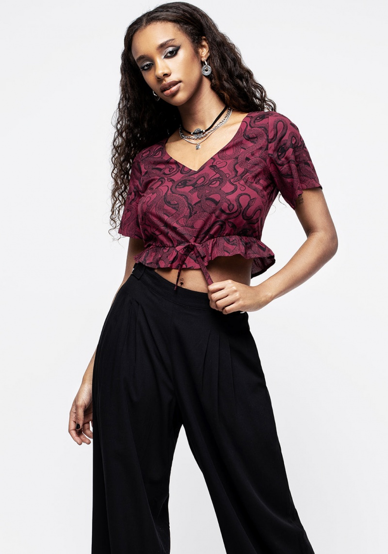 Disturbia Ophidia Snakes Print Tie Detail Crop Top - Red | PE3869072