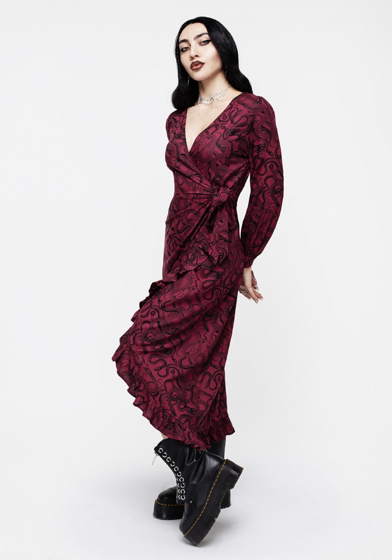 Disturbia Ophidia Snakes Print Wrap Maxi Šaty - Red | LX2347980